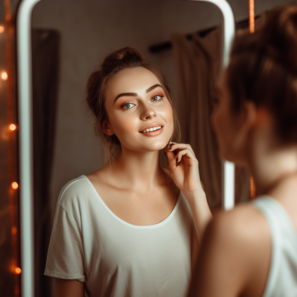 woman in a mirror with permanent makeup